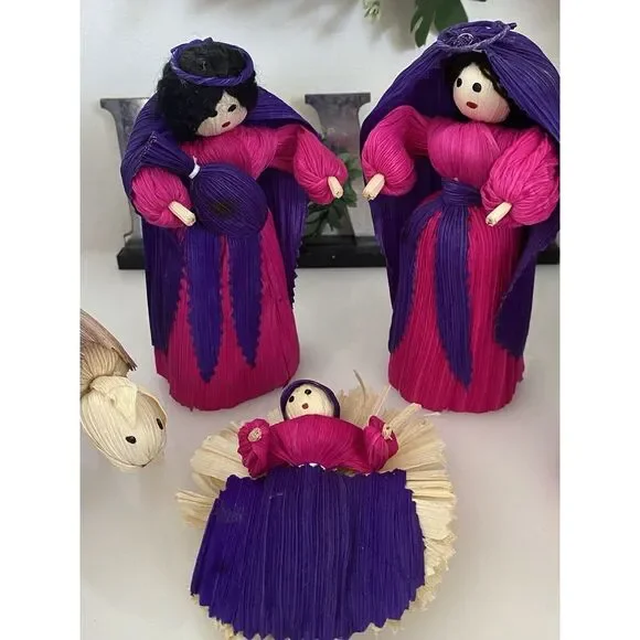 10 Piece Handmade Vtg Christmas Nativity Set Corn Husk 5" Dolls Roatan Honduras - Picture 2 of 16